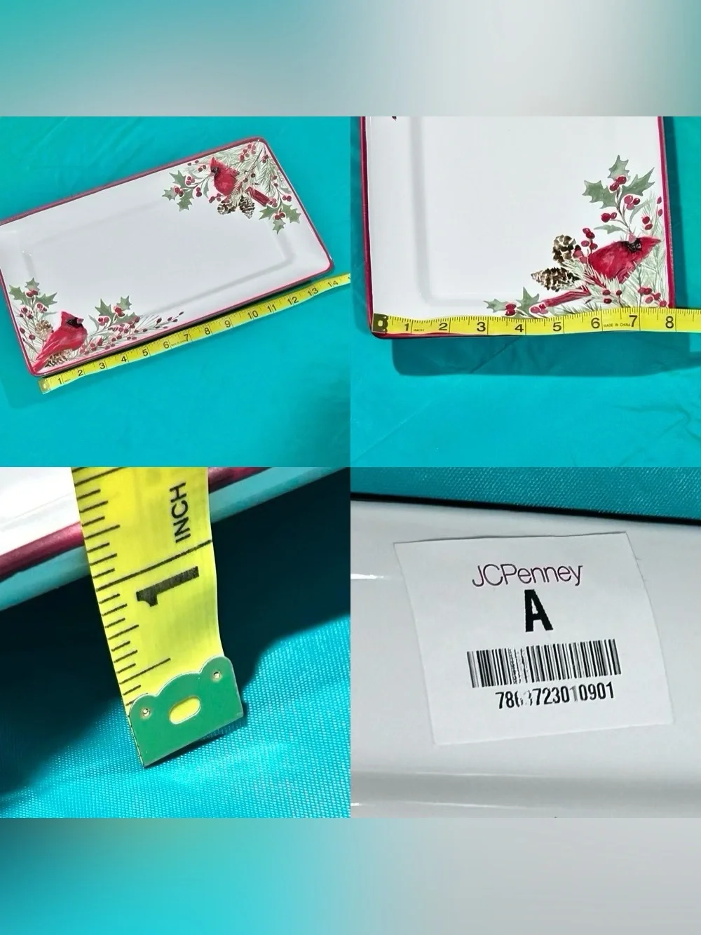 North Pole Trading Co Holly Berry Cardinal Ceramic Serving Platter Tray 14x8 NEW